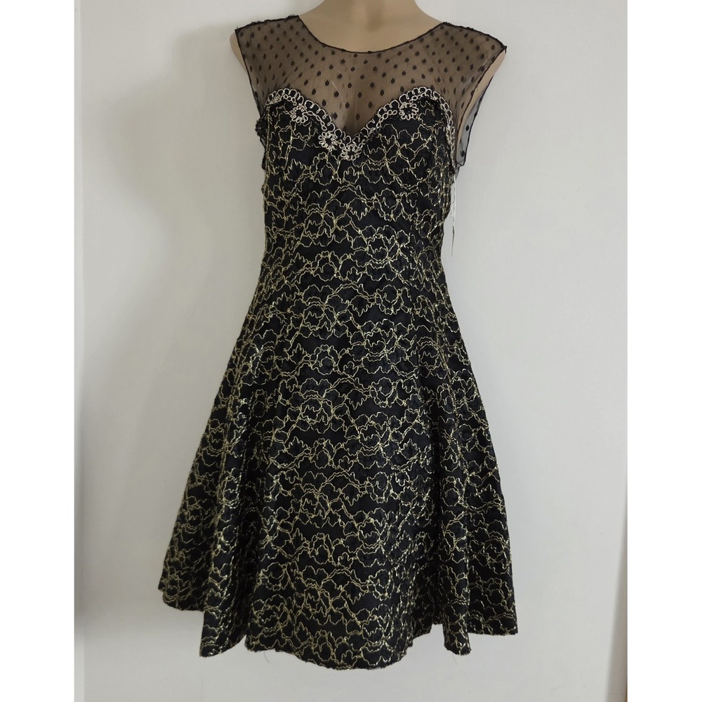 VTG Cocktail Party Dress Black & Gold Fit & Flare Size 10 NEW